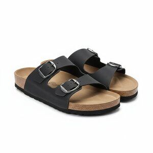 Fitory Women's Cork Slide Sandals Size 10 Black Double Buckle Leather Insole